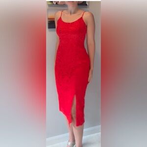 Sam Edelman Red Lace Midi Fitted Sheath Dress with Modest Slit
